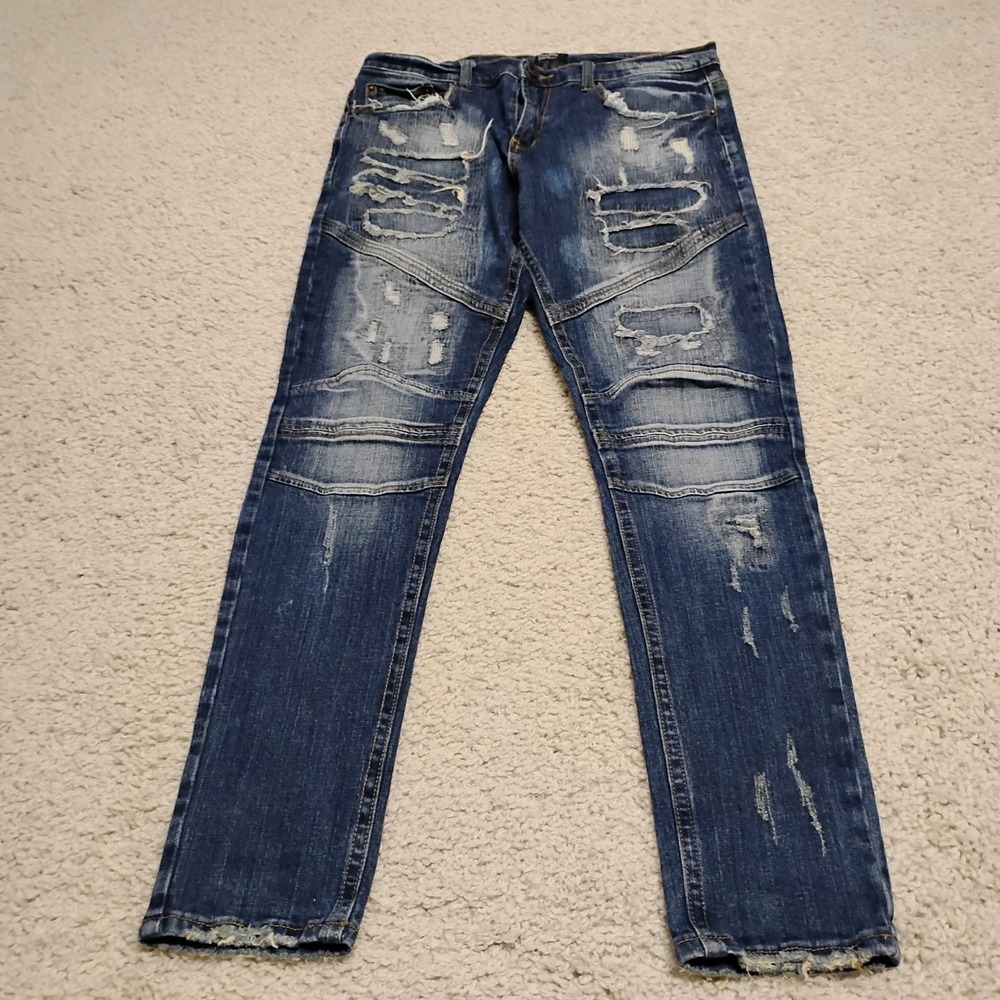 Decibel Jeans Mens 34x33 Moto Blue Slim Skinny Tapered Distressed Designer Logo